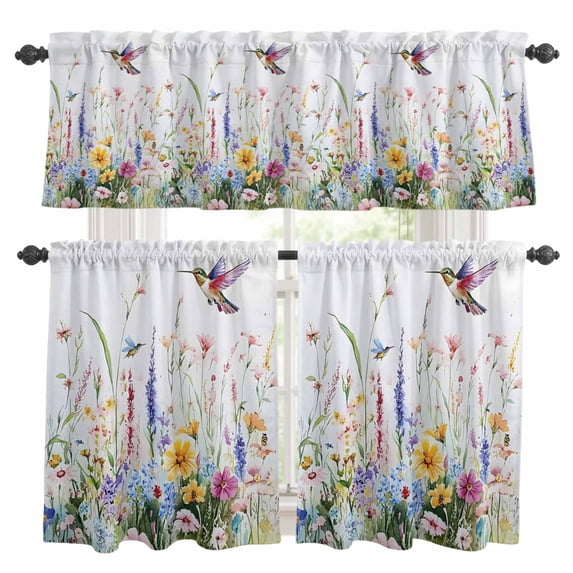 Hummingbird Floral Kitchen Curtains Sets for Windows 24 Inch Length, Farmhouse Floral Botanical Rod Pocket Window Treatments Tier Curtains and Valances Set for Bedroom/Bathroom