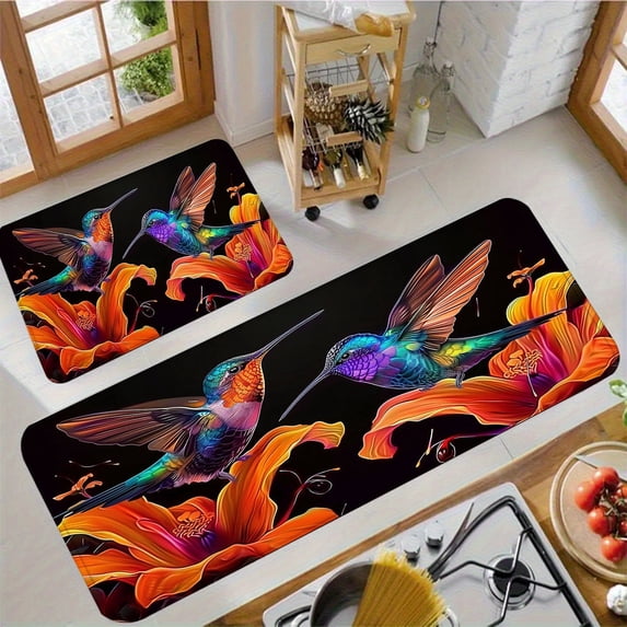 Hummingbird Floral Kitchen Rug Set, 3-Piece Flannel Floor Mats for Living Room, Bedroom, Bathroom, Entryway, Laundry & Dining Area, Soft Home Decor