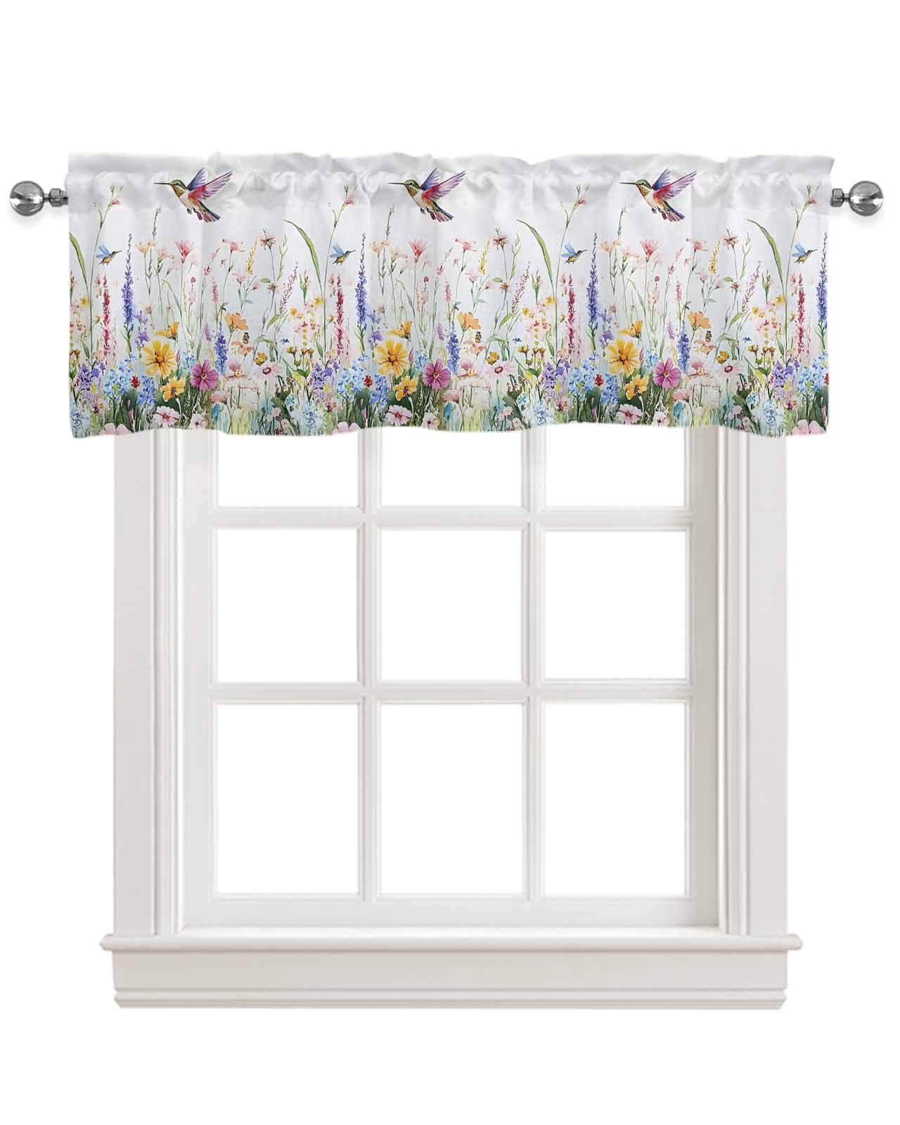 Hummingbird Floral Kitchen Valances for Windows Farmhouse Linen Window Valance Curtain for Living Room Window Treatment Farmhouse Floral Botanical Valance Rod Pocket Topper Drape, 42 x 18 Inch