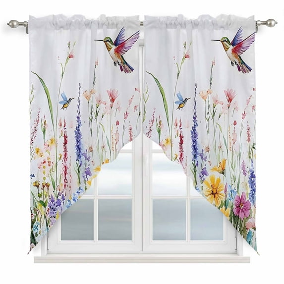 Hummingbird Floral Kitchen Window Curtains, Swag Curtains Valance for Bedroom Living Room Bathroom, Farmhouse Floral Botanical Rod Pocket Window Treatment Curtain Block Drapes 2 Panels 28"x36"