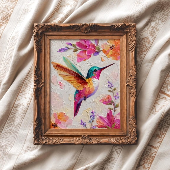 Hummingbird Floral Mexican Inspired Colorful Bird Boho Flower Wall Art Unframed Paper Print