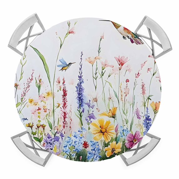 Hummingbird Floral Round Tablecloth for 45-54 Inch Tables, Fitted Table Cover with Elastic Edge, Farmhouse Floral Botanical Waterproof Outdoor Table Cloth Protector for Patio Garden Dinner Picnic