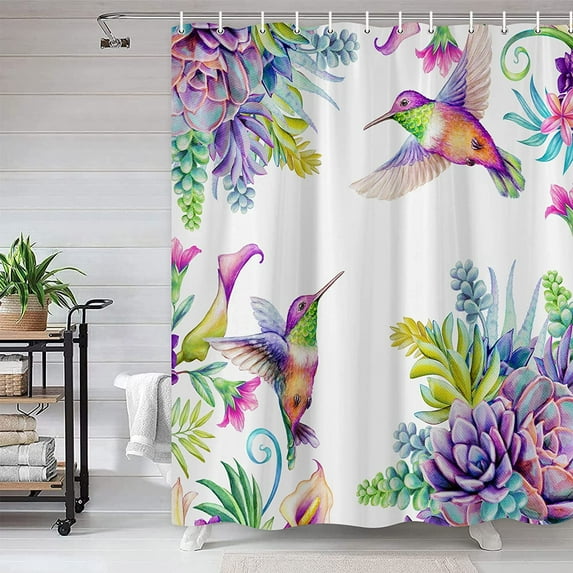 Hummingbird Floral Shower Curtain Purple Tropical Colorful Succulents Calla Lily Bird Green Leaf Spring Summer Natural Garden Polyester Fabric Bathroom Curtains Set with Hooks 70x70 Inches