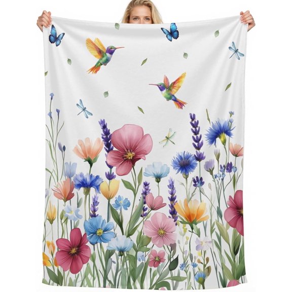 Hummingbird Floral Throw Blanket, All Season Flower Flannel Blanket for Sofa Bed & Chair, 40"x 50"