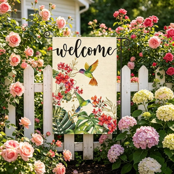 Hummingbird Floral Welcome Garden Flag, 11.8" x 17.7" Double Sided Outside Decorative Yard Flag, Seasonal Polyester Outdoor Small Home Decor