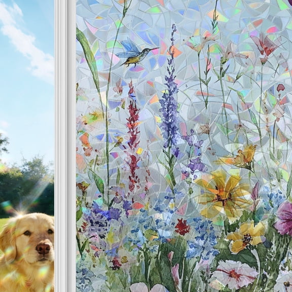 Hummingbird Floral Window Privacy Film Stain Glass,Reusable Decorative Rainbow Window Film,Farmhouse Floral Botanical Static Cling Sun Blocking Stickers Decals Covers 17.7" x 39.3" (2pcs)
