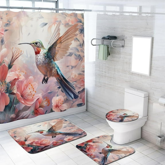 Hummingbird Flower 4 Pcs Shower Curtain Set Watercolor Purple Floral Blossom Nature Plant with Non-Slip Rugs, Toilet Lid Cover and Bath Mat, Durable and Waterproof, for Bathroom Decor Set, 72x72 Inch