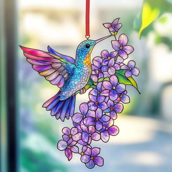 Hummingbird and Flower Acrylic Suncatcher Lilac Branch Window Hanging Ornament for Plant Lover Lovers Bird Nerd Gift Sun Catchers Acrylic Windown Suncatchers Windows Christmas Decor