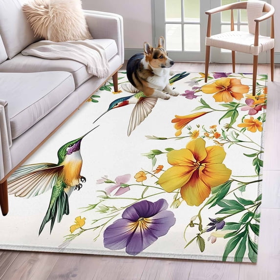Hummingbird Flower Area Rugs 3x5 ft Spring Floral Plant Animal Washable Rug Non Slip Indoor Carpet Absorbent Floor Mat for Living Room Bedroom Dining Room