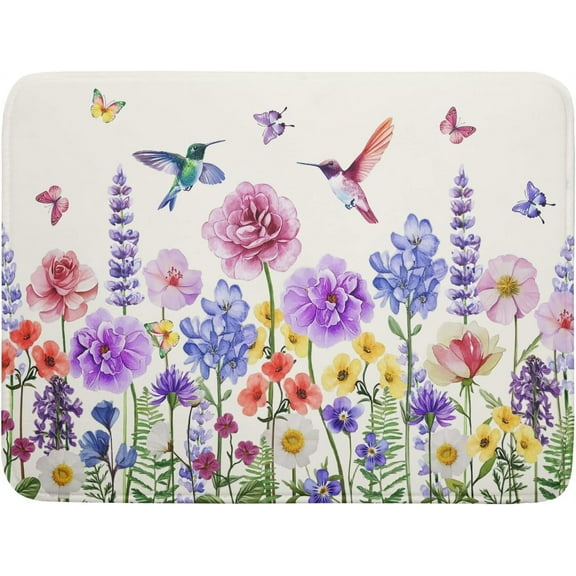 Hummingbird Flower Dish Drying Mat 18x24 inch Watercolor Spring Herb Floral Dish Drainer Mats Wildflower Plant Reversible Microfiber Dish Drying Pad for Kitchen Countertop Large Decor