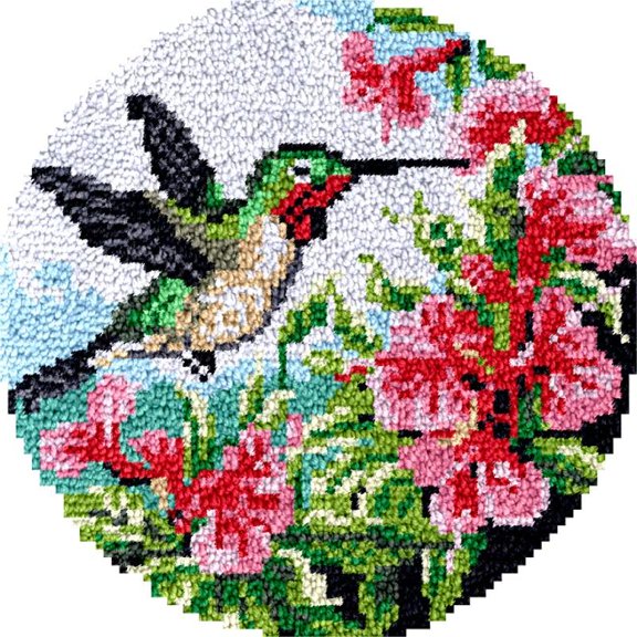 Hummingbird & Flower Latch Hook Round Rug Kits Set for Starter Crochet Hook Cushion Floor Mat Sofa Seat Cushion Crocheting Kits with Preprinted Canvas Crochet Yarn Rug Kits 50X50cm (y9)