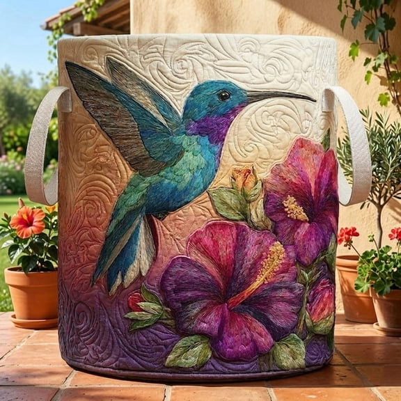 Hummingbird Flower Laundry Hamper, Tropical Hibiscus Gift Basket, Colorful Bird Organizer, Tropical Bird Hamper, Hummingbird Laundry Basket