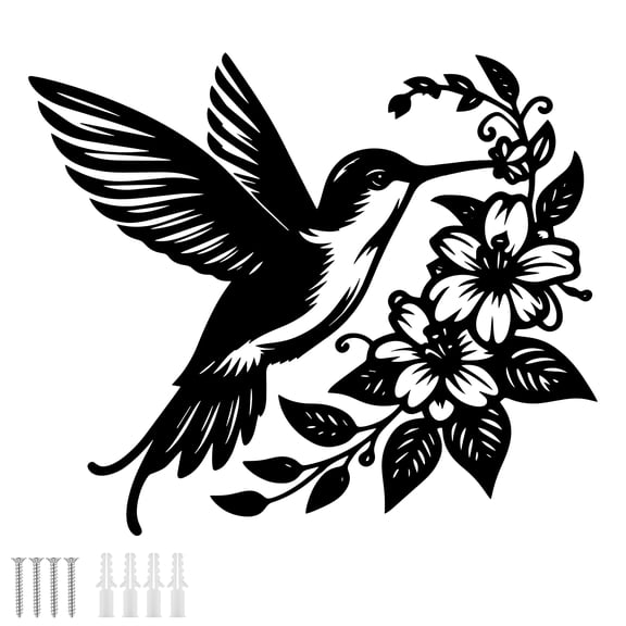 Hummingbird Wall Decor, 11.8" Black Metal Flower Wall Art for Living Room and Patio, Rustic Farmhouse Indoor Outdoor Hanging