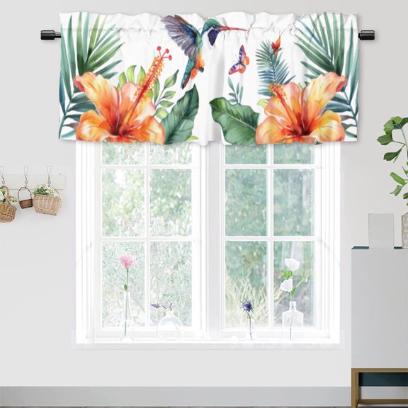 Hummingbird Flower Printed Window Curtains Valances for Kitchen Floral Butterfly Summer Tropical Plant Privacy Decorative Rod Pocket Short Window Valance Curtains 54 by 18 in, 1 Panel