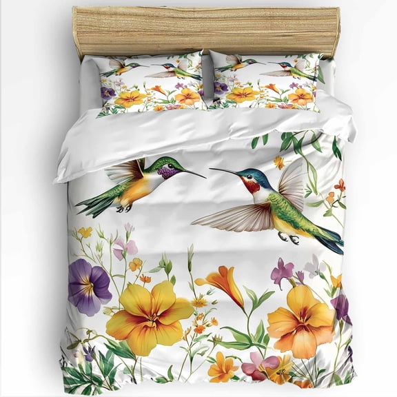 Hummingbird Flower Queen Size Comforter Set, Spring Floral Plant Animal Soft Bedding for All Seasons, 4 Pcs Bed Set with 1Comforter (90"x92") ,1 Sheet(94"x116"), 2 Pillowcases (19"x29")