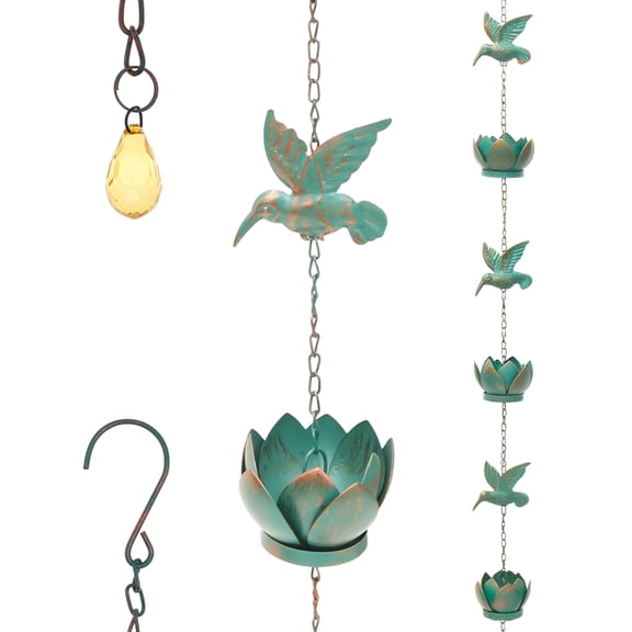 Hummingbird Flower Rain Chain with 6 Cup 8.2ft/250cm Metal Rainwater Diverter for Gutter Decorative Downspout Replacement for Garden Patio Yard Home Exterior