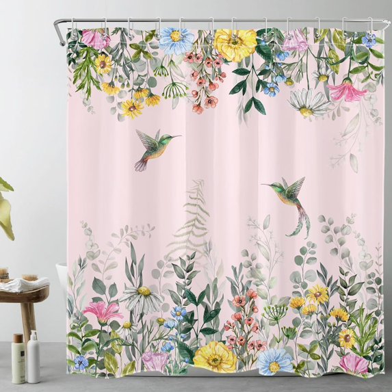 Hummingbird and Flower Shower Curtain for Bathroom,Country Wildflower and Green Leaves Plant on Pink Fabric Shower Curtain with Hooks,Watercolor Bathroom Curtain Shower Set, 72" W x 72" L