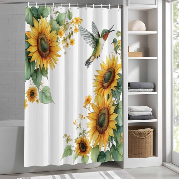 Hummingbird Flower Shower Curtain for Bathroom, Yellow Sunflower Fabric Shower Curtain Set with Hooks, Waterproof Washable Bath Curtain for Bathroom Decor, 36"x72"