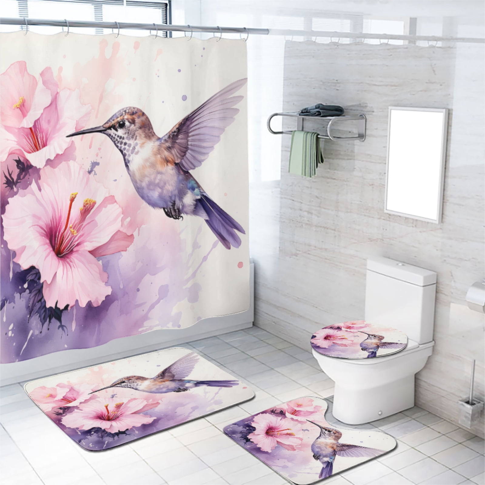 Hummingbird Flower Shower Curtain Sets with Rugs 4 Piece Purple Floral Rustic Nature Plant with Non-Slip Rugs Toilet Lid Cover and Bath Mat Bathroom Decor Set, 72x72 Inch