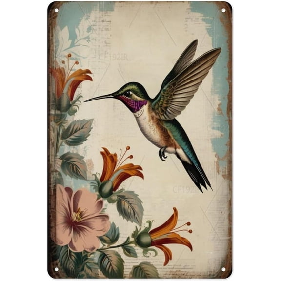 Hummingbird And Flower Vintage Aluminum Tin Sign - Classic Nectar Feeding Scene Decorative Metal Wall Sign, 8x12 Inches, Detailed Nature Wall Decor for Living Room Garden Room