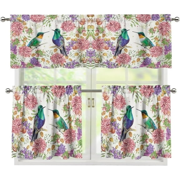 Hummingbird Flower Window Curtain 3 Piece Pink Hummingbird Spring Curtains Coffee Shop Window Valance and Tier Insulation Curtains for Room S