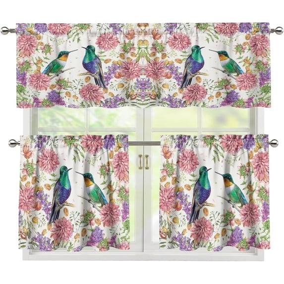 Hummingbird Flower Window Curtain 3 Piece Pink Hummingbird Spring Curtains Coffee Shop Window Valance and Tier Insulation Curtains for Room S