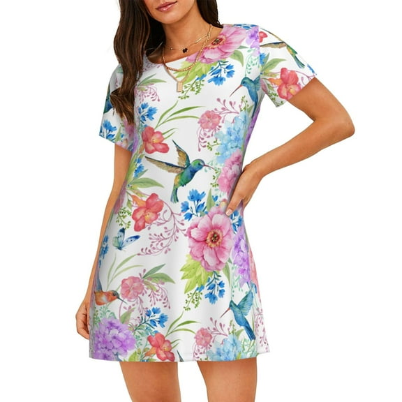Hummingbird Flower Women'S Nightgown Sleepwear Short Sleeves Nightshirt Loose Comfy Pajama Xx-Large