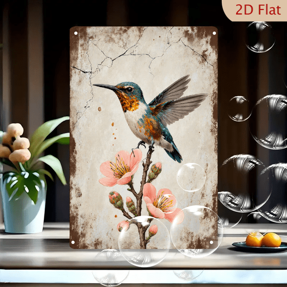 Hummingbird on Flowering Branch Vintage Art Print, 8x12 Inches Metal Wall Decor, Iridescent Bird with Pink Blossoms on Aged Parchment Background for Living Room or Office