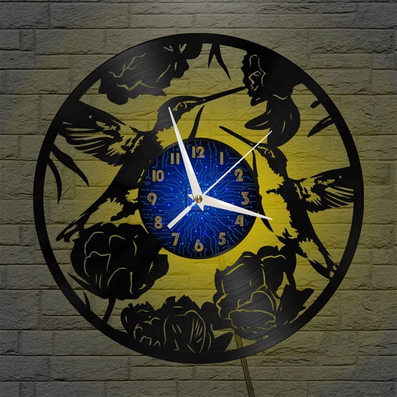 Hummingbird Flowers 12 Inch Vinyl Record Wall Clock - Silent, Creative, and Unique Clock for Living Room, Entryway, or Bedroom Decor - Perfect Gift Idea(12 inchs B with LED)