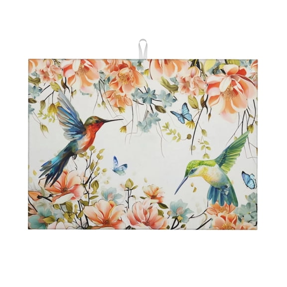 Hummingbird Flowers Dish Drying Mat,Watercolor Floral Butterflies Seasonal Absorbent Microfiber Drainer Rack Pads Protector for Countertop Coffee Bar 18" x 24"