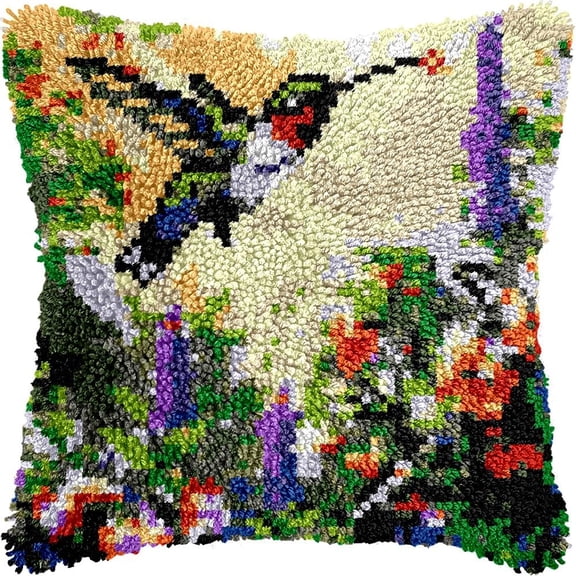 Hummingbird & Flowers Latch Hook Kits Pillow DIY Pillowcase Crochet Hook Cushion Making Kits with Preprinted Pattern Canvas Instruction Yarns Pillow Cover Easy Starter DIY Crochet Kits 43x43cmf301)