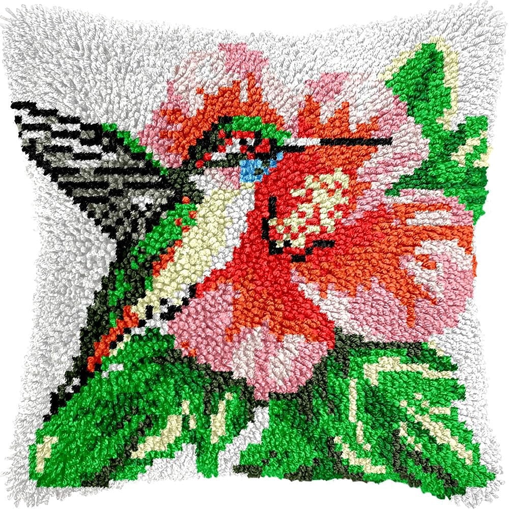 Hummingbird & Flowers Latch Hook Kits Pillow kits Cushion Throw Pillow Embroidery Craft Kits DIY Kits of DIY Hooking Pillowcase Cover Supplier with Color Printed Canvas 43x43cm (80)