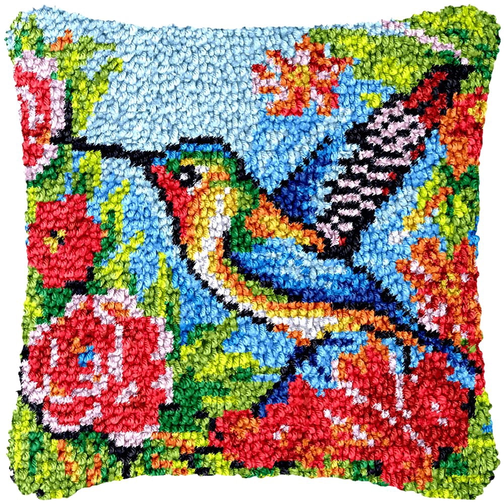Hummingbird and Flowers Latch Hook Pillow Kits for Beginner Needle Crochet Yarn Kits with Stamped Canvas Embroidery Cushion DIY Hook and Latch Throw Pillow Sofa Decoration 43x43cm(2)