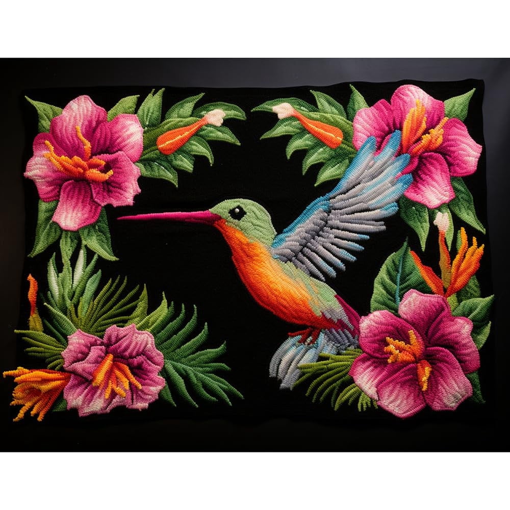 Hummingbird Flowers Latch Hook Rectangle Rug Kits for Adults Needle Crochet Yarn Embroidery Carpet Hook and Latch Kit Floor Mat Tapestry Christmas Home Decoration 52x38cm(2)