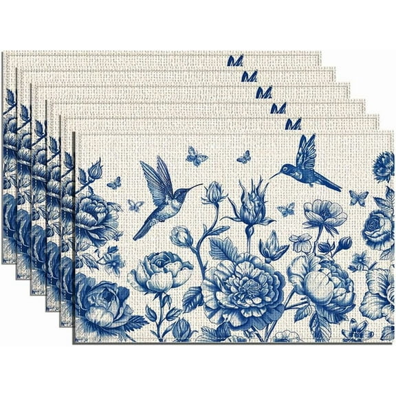 Hummingbird Flowers Placemats Set of 6 Birds Flower Printed Table Mat Linen Fabric Floral Pattern Place Mats Watercolor Washable Table Mats for Party Holiday Dining Kitchen 17.7x11.8 Inch for DIY