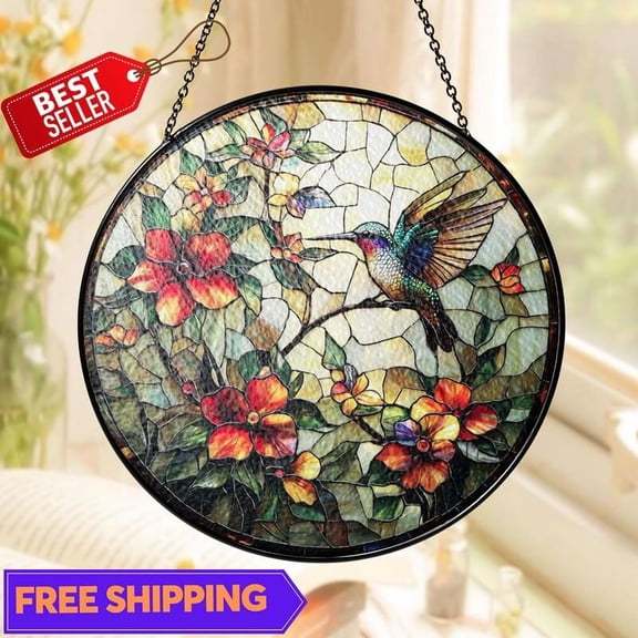 Hummingbird & Flowers Suncatcher, Glass-Effect Summer Window Ornament