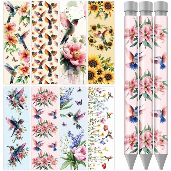 Hummingbird Flowers UV DTF Pen Wraps Transfer Sticker 48 Sheets Birds Floral Waterproof HD Print UV DTF Pen Adhesive Decals Personalized DIY Rub on Transfer Decals