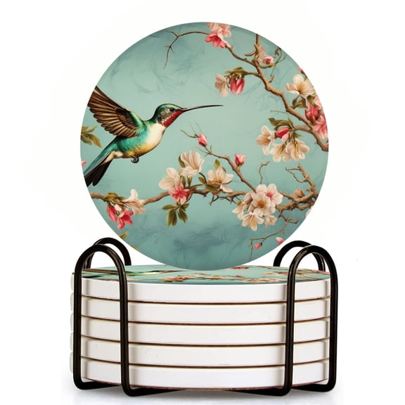 Hummingbird Flying In The Sky Surrounded By Cherry Blossoms Set of 6 Ceramic Coasters with Holder, Absorbent Drink Bar Coasters, Table Coasters for Living Room Decor Tabletop Protection