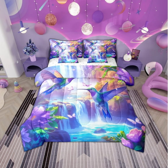 Hummingbird Full Comforter Set 7 Piece,Rainbow Birds Bedding Comforter Sets,Pink Butterfly Bed In A Bag,Kawaii Animal Bed Sheets Set,Spring Themed Bed Set,Cozy For All Season