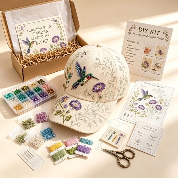 Hummingbird Garden Beaded Hat DIY Kit, Beginner Bead Embroidery Cap Craft Kit, Handmade Bird Floral Hat Making Wearable DIY Art Gift for Adults