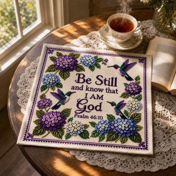 Hummingbird Garden Cross Stitch Kit, Psalm 46:10 Be Still and Know that I Am God Religious Embroidery Set, DIY Floral Cross Stitch for Adults Beginners, Home Wall Decor & Gift, 8.07x8.07in
