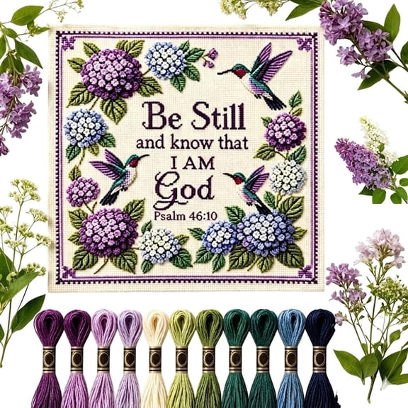 Hummingbird Garden Faith Cross Stitch,1 Set Purple, Beginner DIY Embroidery Kit for Craft Lover Hand Stitches