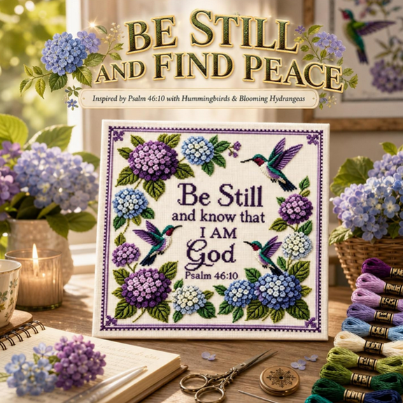 Hummingbird Garden Faith Cross Stitch Kit, All-in-One Religious Needlepoint Set, Mindfulness DIY Activity for Adults, Christian Home Decor Gift