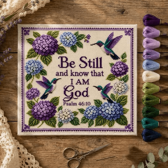 Hummingbird Garden Faith Cross Stitch Kit, Bird Garden Embroidery Set, Cute Animal Series, Be Still and Know that I Am God, Beginner DIY Embroidery Kit for Craft Lover Hand Stitch 1PCS