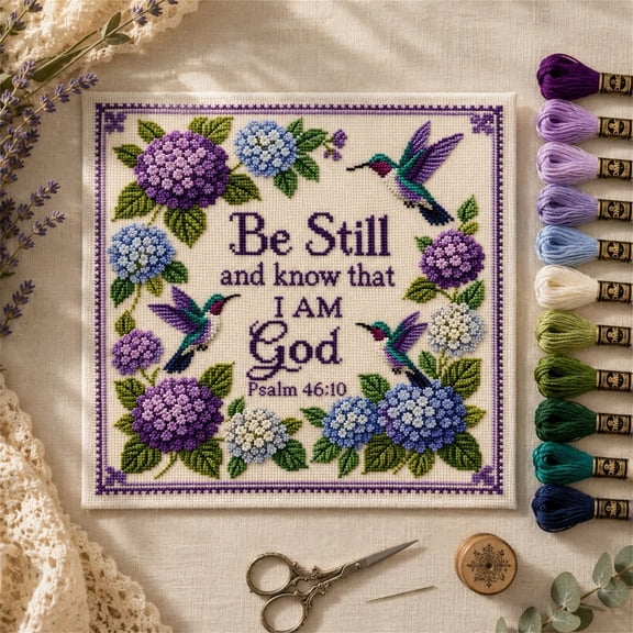 Hummingbird Garden Faith Cross Stitch Kit, Bird Garden Embroidery Set, Cute Animal Series, Be Still and Know that I Am God, Beginner DIY Embroidery Kit for Craft Lover Hand Stitch