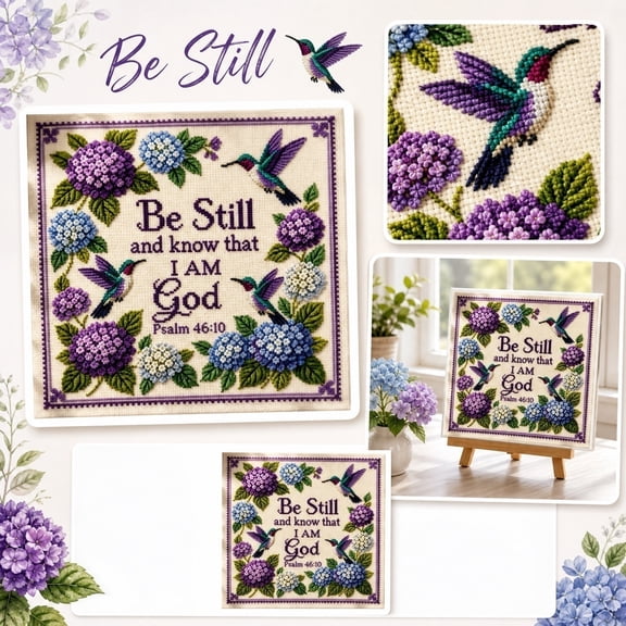 Hummingbird Garden Faith Cross Stitch Kit, Hummingbird & Hydrangea Stamped Embroidery, Psalm 46:10 Christian DIY Beginner Set