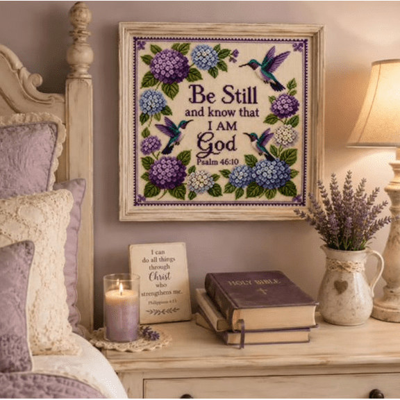 Hummingbird Garden Faith Cross Stitch Kit, Be Still Psalm 46:10 Stamped Embroidery Set, Christian DIY Needlework Craft for Beginners, Wall Decor, Prayer Room and Gift, 8.07 in
