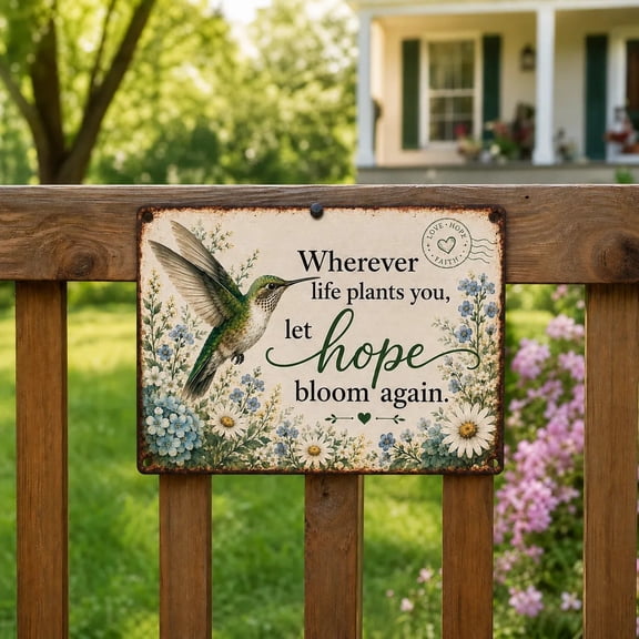 Hummingbird Garden Sign, Hummingbird Sign, Bird Sign, Spring Flower Decor,Decorative Outdoor Backyard Decor, Hummingbird Decor For Home, Aluminum, 12x8 Inches Metal Sign
