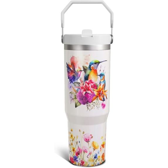 Hummingbird Gifts 30 Oz Tumbler with Top Handle and Flip Straw, Colorful Bird Stainless Steel Insulated Water Bottle Cup, Pets Lover Birthday Gifts for Women Men