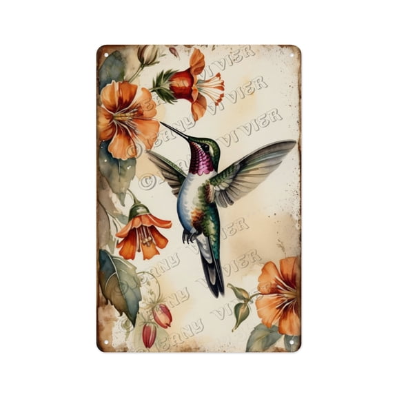 Hummingbird Gifts Vintage Aluminum Sign 12x16 Inches - Shabby Chic Decorative Metal Sign for Home, Backyard, Birdwatching Enthusiasts, Botanical wall decor, Outdoor Porch or Patio Decor